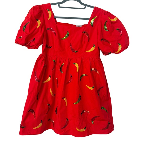 QUEEN OF SPARKLES Dresses & Skirts - Queen of Sparkles Womens M Mini Dress Red Sequin Chili Pepper Puff Sleeve Cotton